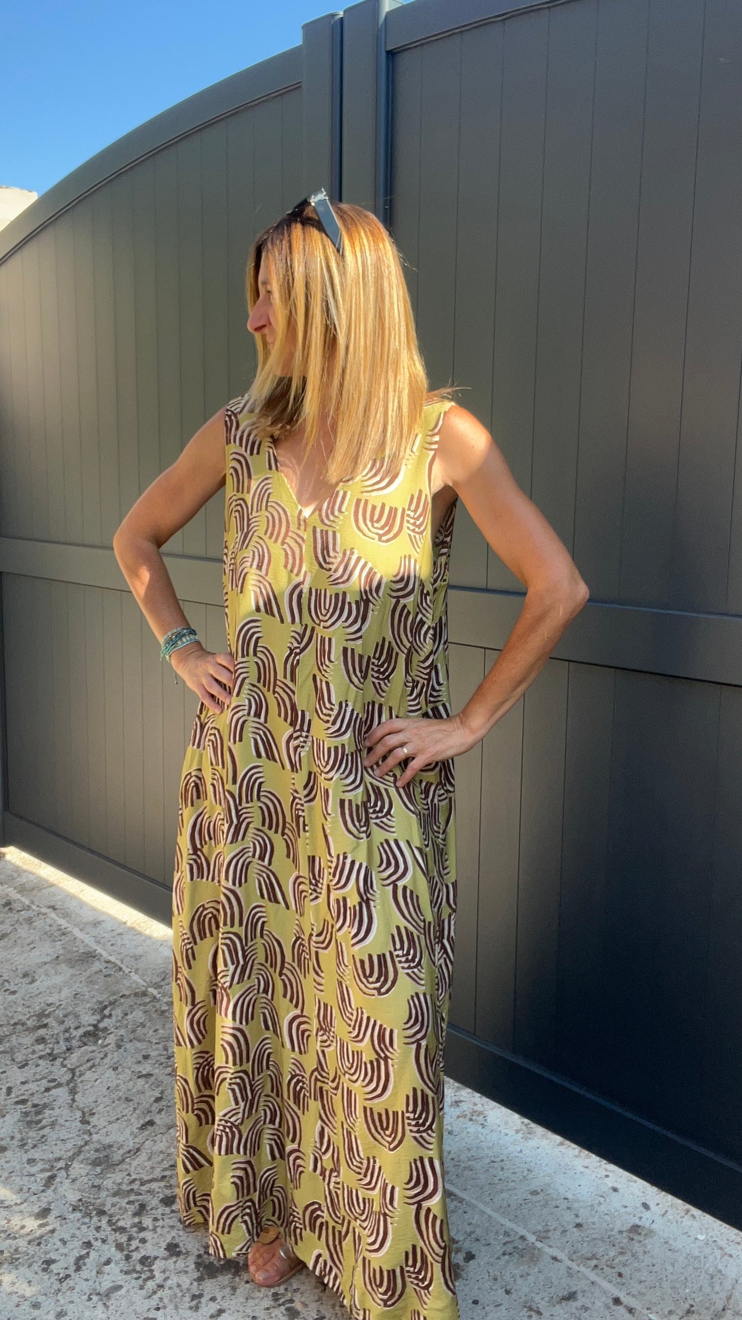 ROBE LONGUE VERT ANIS/MARRON/BEIGE "SOLEIL VERT ANIS"