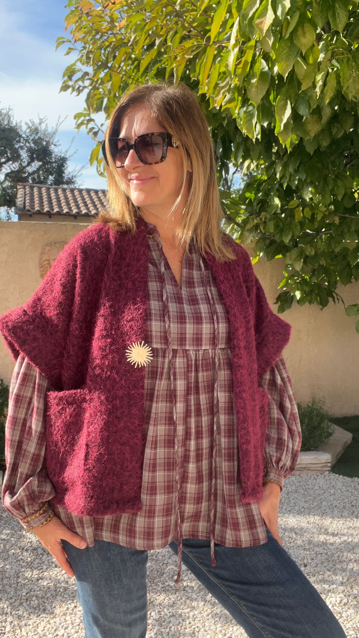 VESTE BORDEAUX MANCHES COURTES "SOLEIL"