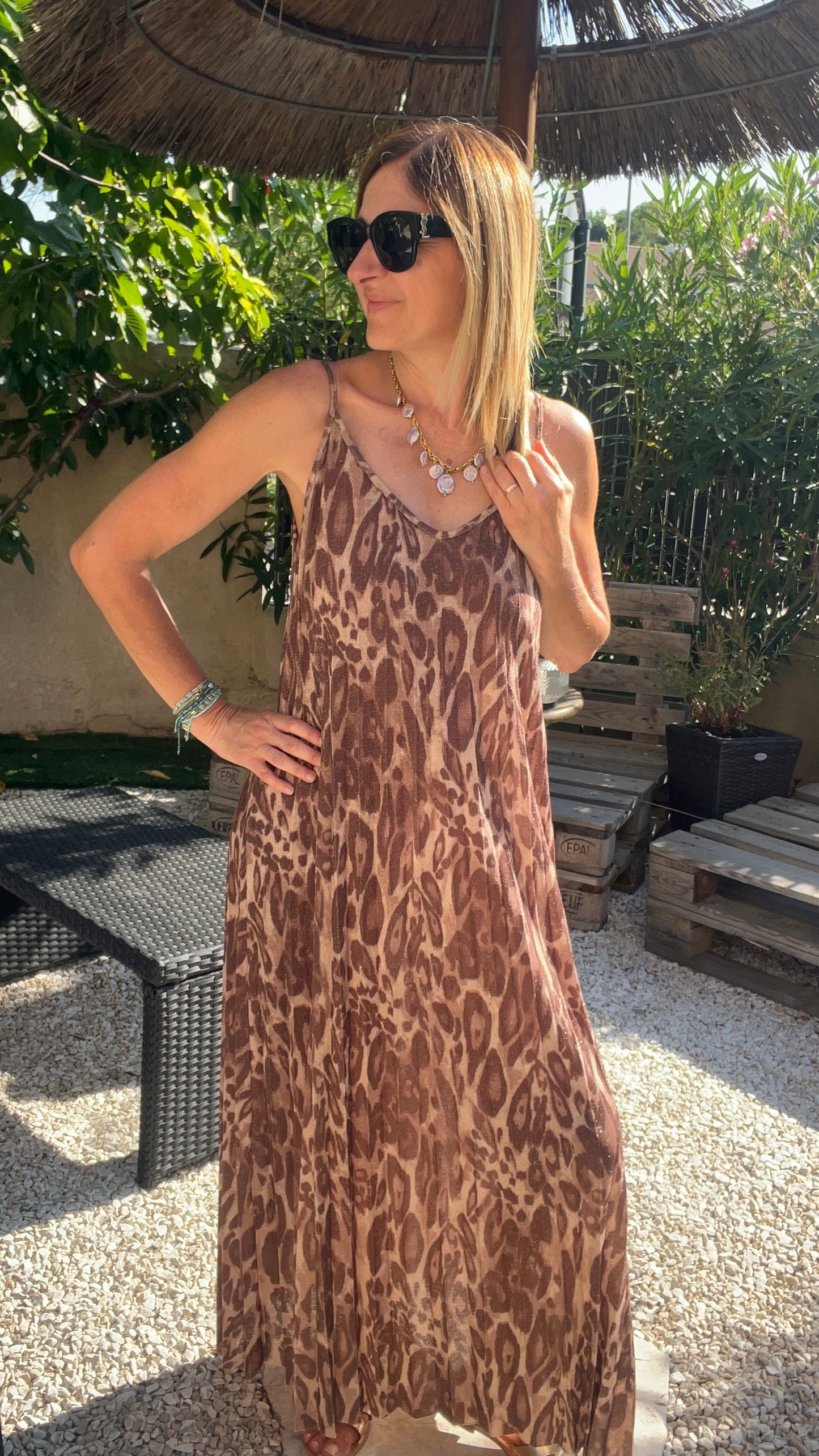 ROBE LONGUE PLISSEE PAILLETÉE "BEIGE/CHOCOLAT/CAMEL " LEOPARD"