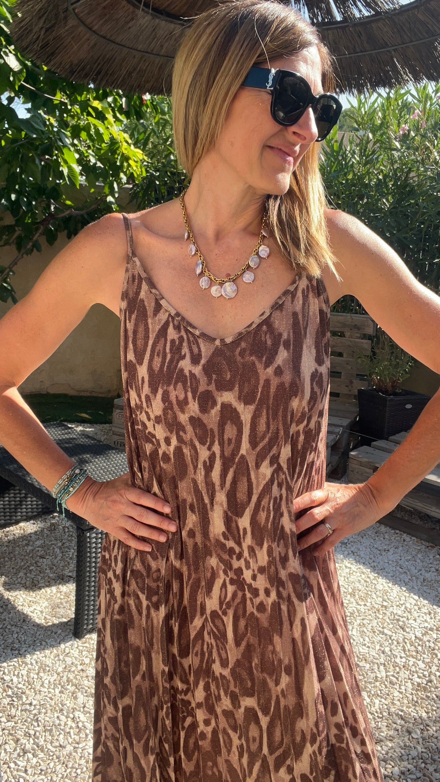 ROBE LONGUE PLISSEE PAILLETÉE "BEIGE/CHOCOLAT/CAMEL " LEOPARD"