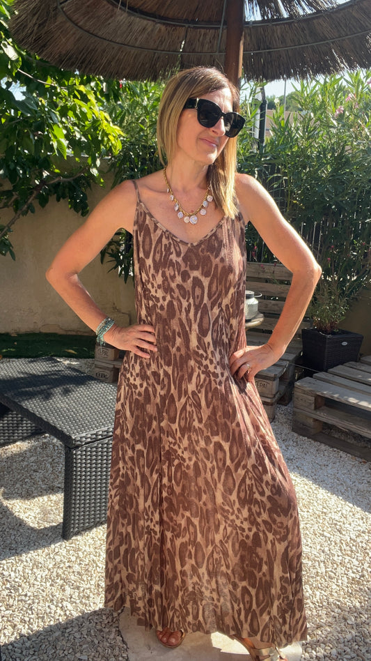 ROBE LONGUE PLISSEE PAILLETÉE "BEIGE/CHOCOLAT/CAMEL " LEOPARD"