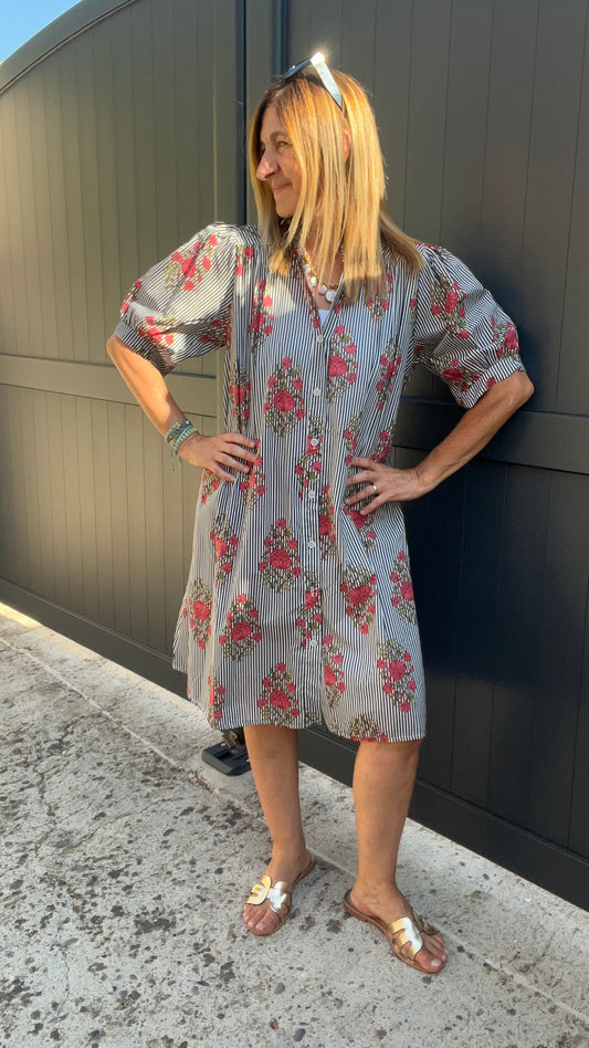 ROBE CHEMISE RAYÉE FLEURIES BLEU MARINE/BLANC