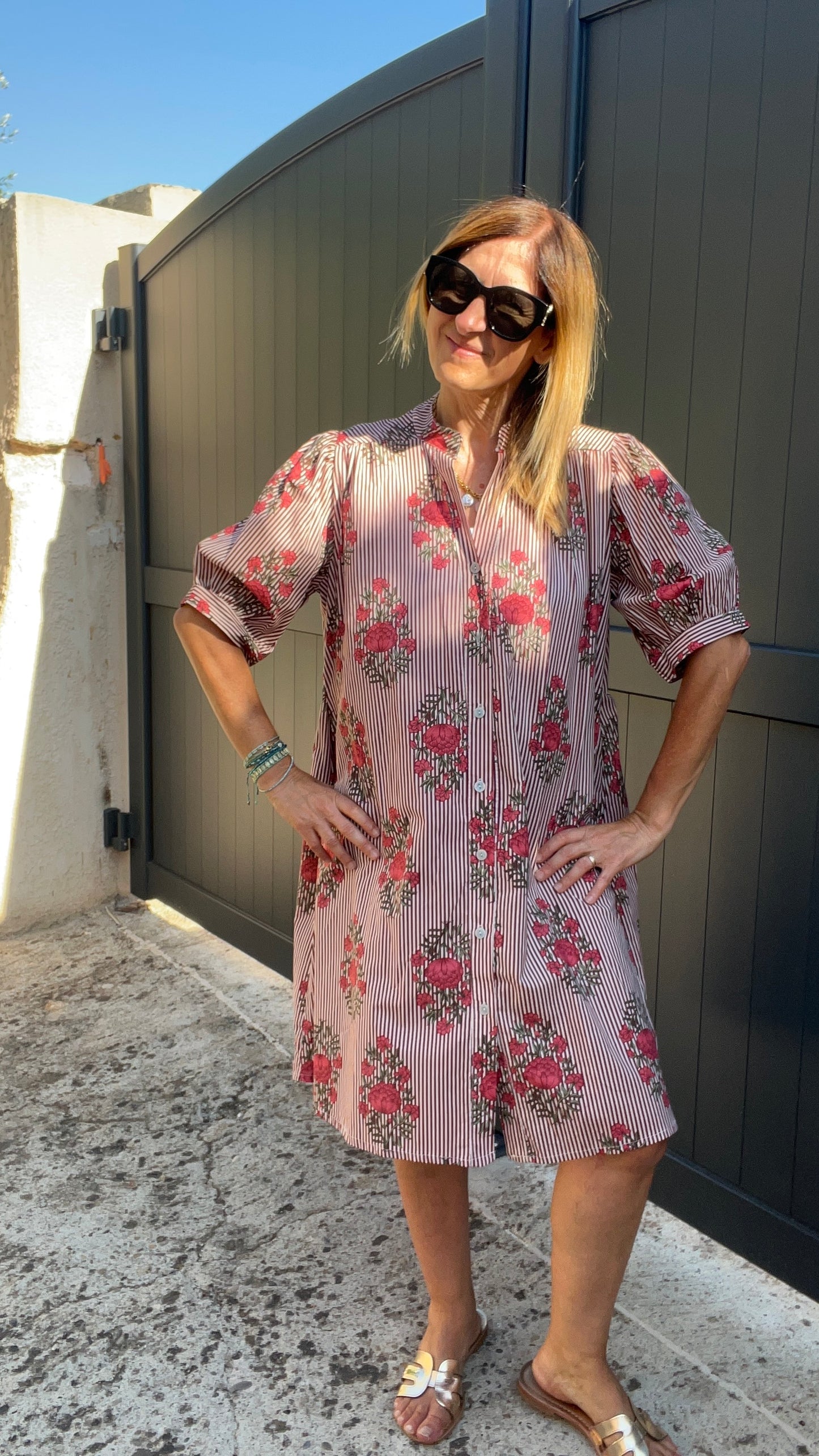 ROBE CHEMISE RAYÉE FLEURIES BORDEAUX/BLANC