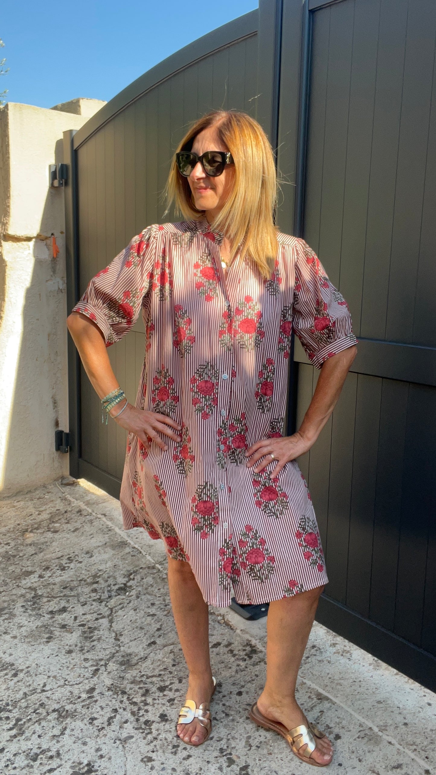 ROBE CHEMISE RAYÉE FLEURIES BORDEAUX/BLANC