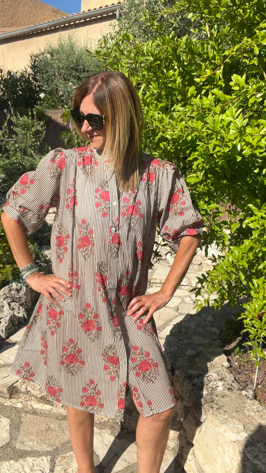 ROBE CHEMISE RAYÉE FLEURIES CHOCOLAT/BLANC
