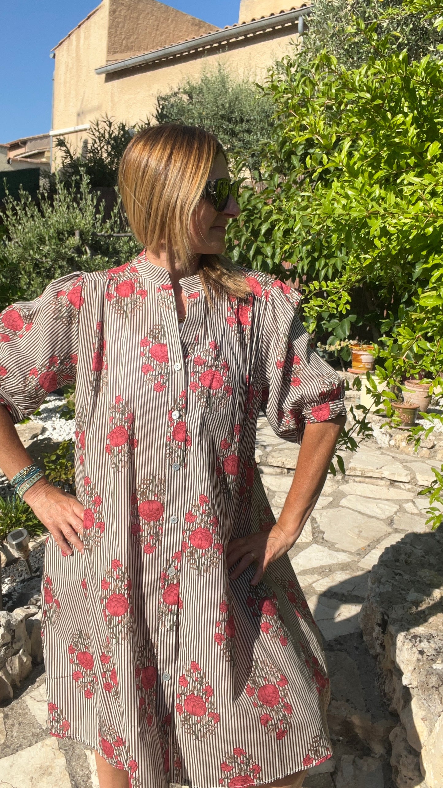 ROBE CHEMISE RAYÉE FLEURIES CHOCOLAT/BLANC
