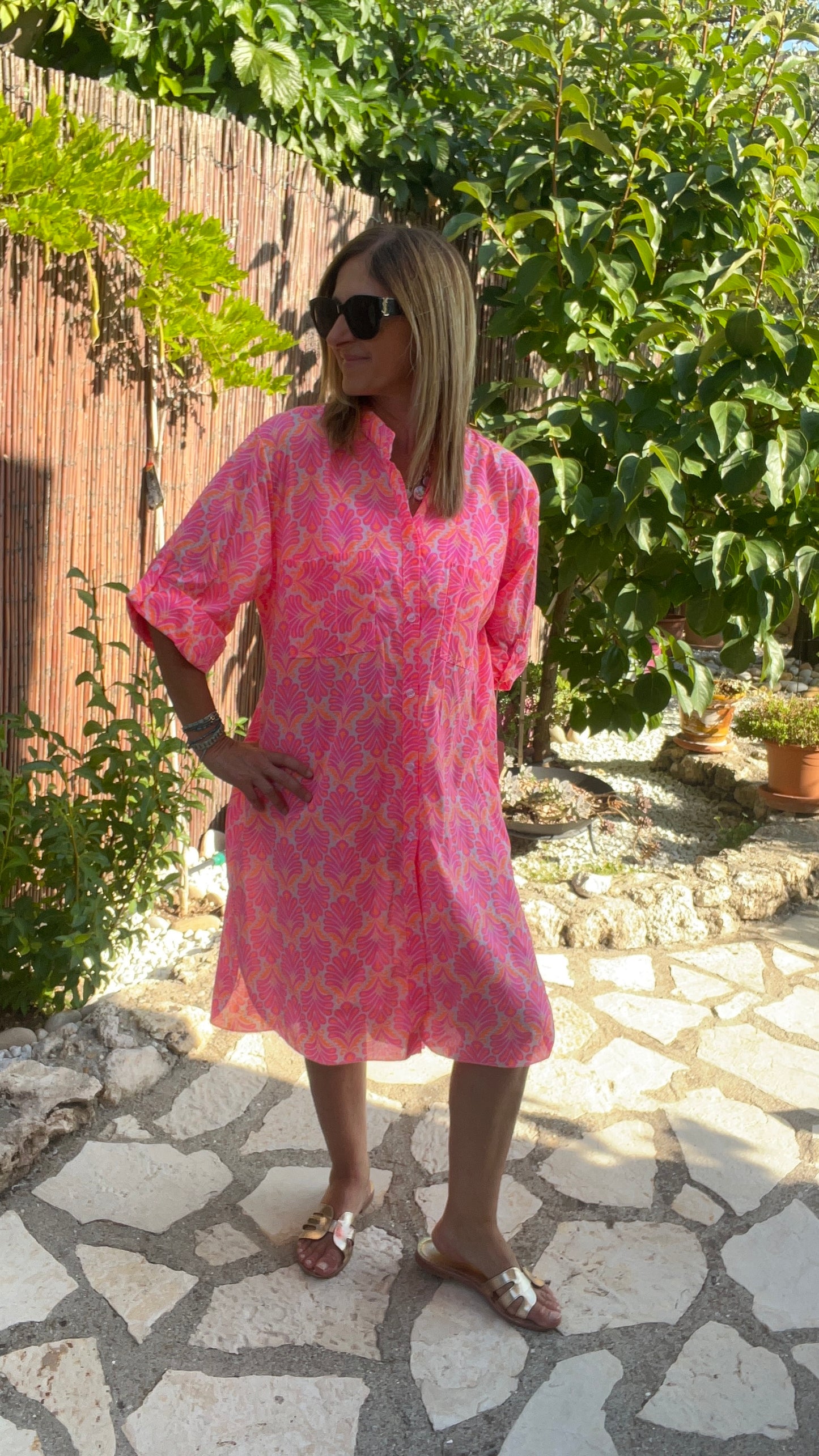 ROBE CHEMISE BLANC/ROSE FLUO/ORANGE FLUO "ECLAT TROPICAL"