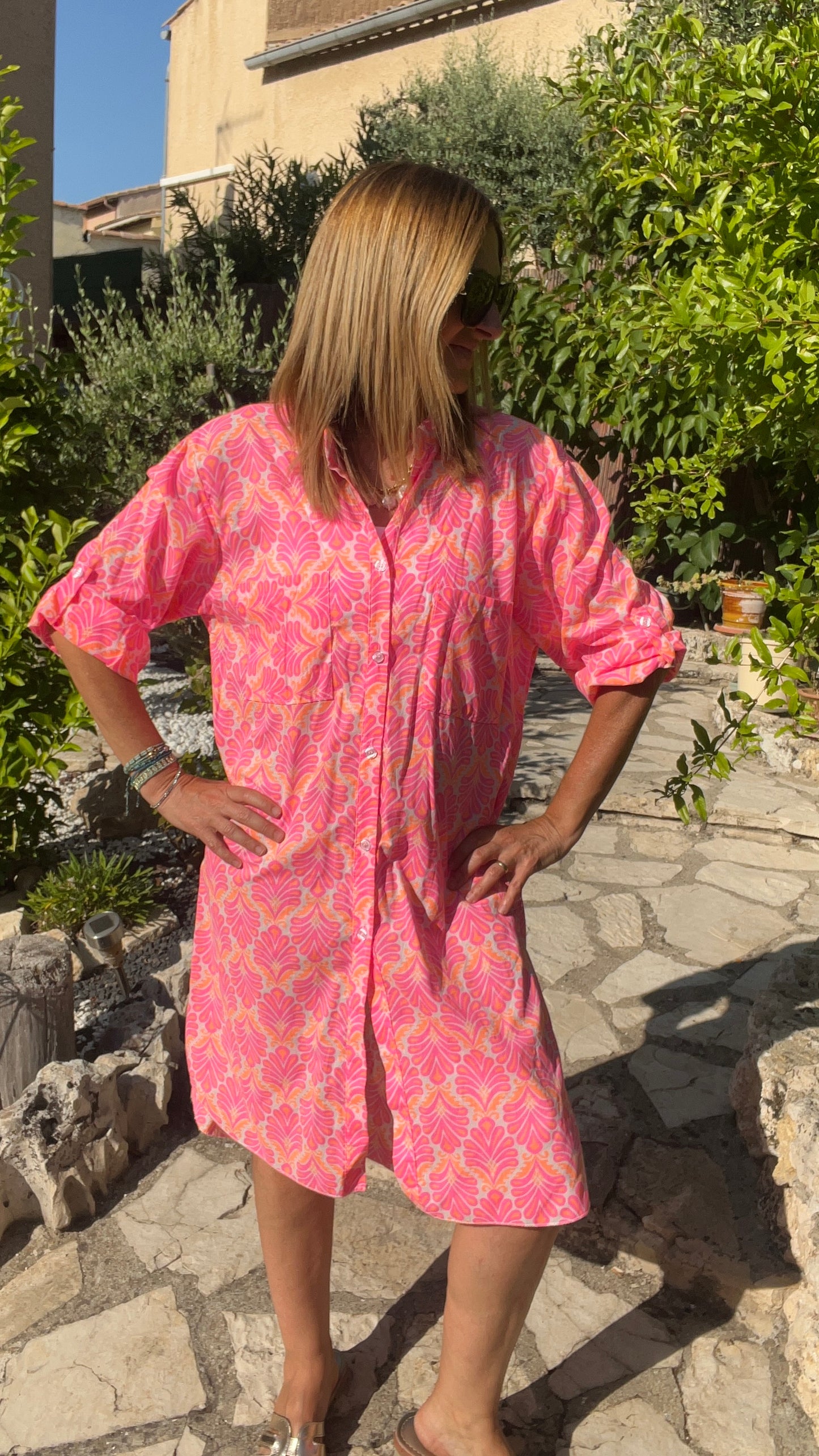 ROBE CHEMISE BLANC/ROSE FLUO/ORANGE FLUO "ECLAT TROPICAL"