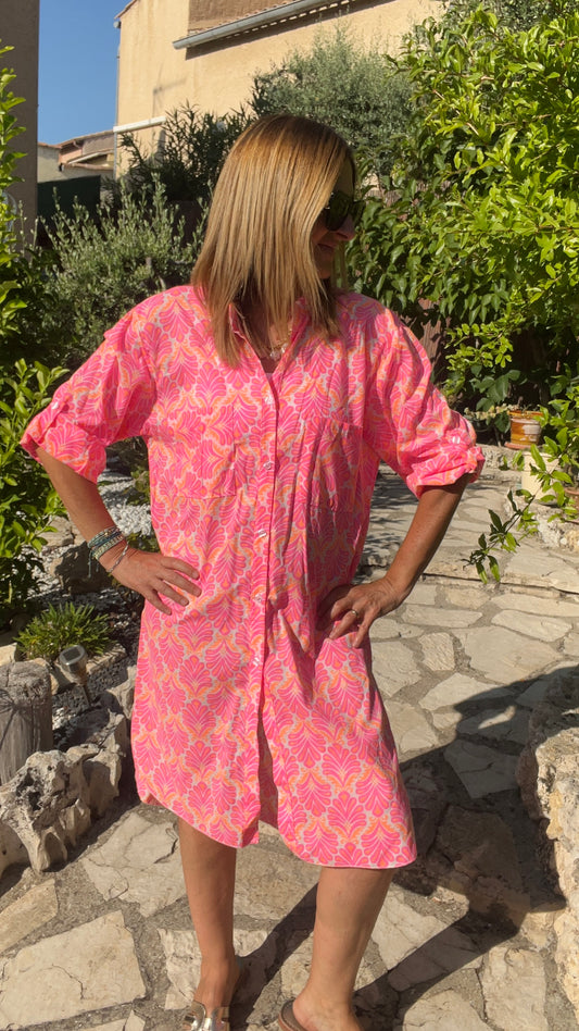 ROBE CHEMISE BLANC/ROSE FLUO/ORANGE FLUO "ECLAT TROPICAL"