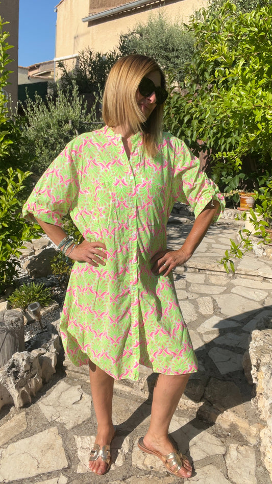 ROBE CHEMISE BLANC/VERT FLUO/ROSE FLUO "ECLAT TROPICAL"