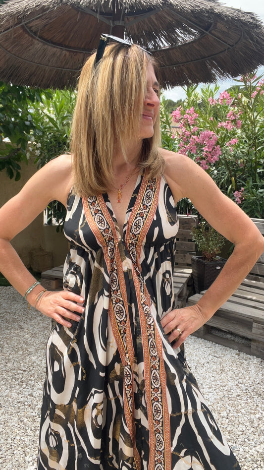 ROBE DOS NU NOIR/BEIGE/DORE