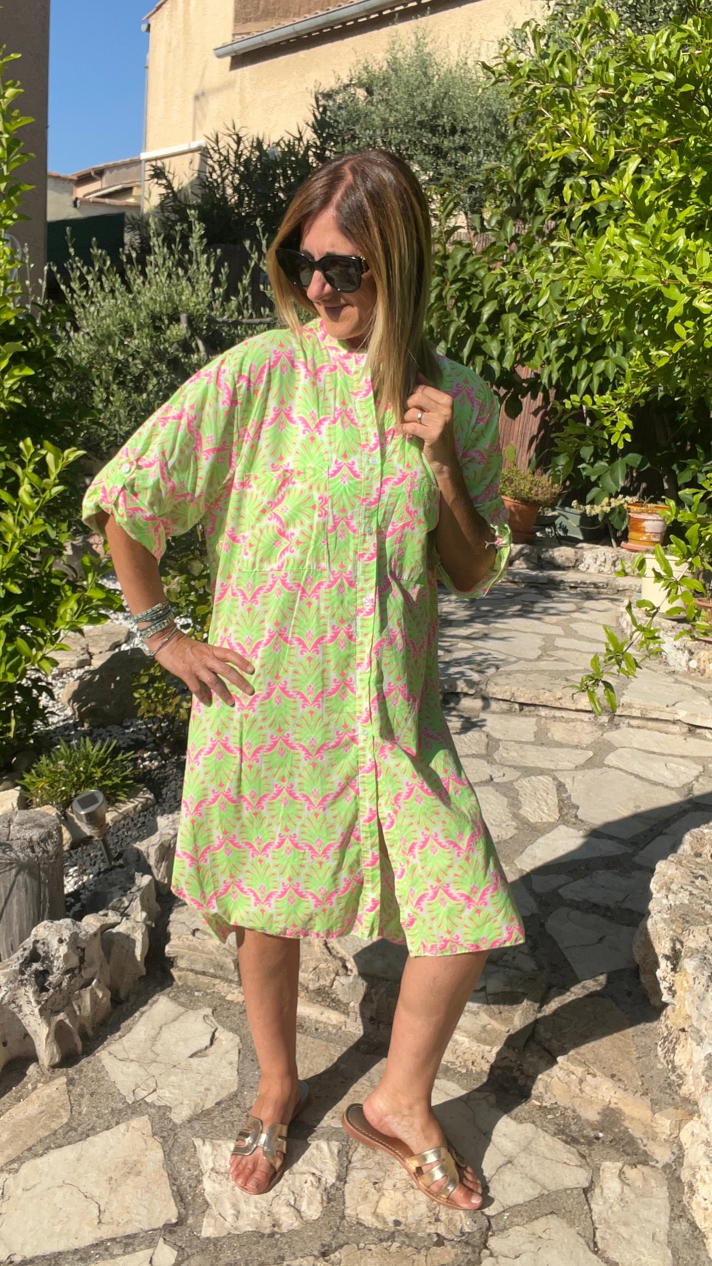 ROBE CHEMISE BLANC/VERT FLUO/ROSE FLUO "ECLAT TROPICAL"