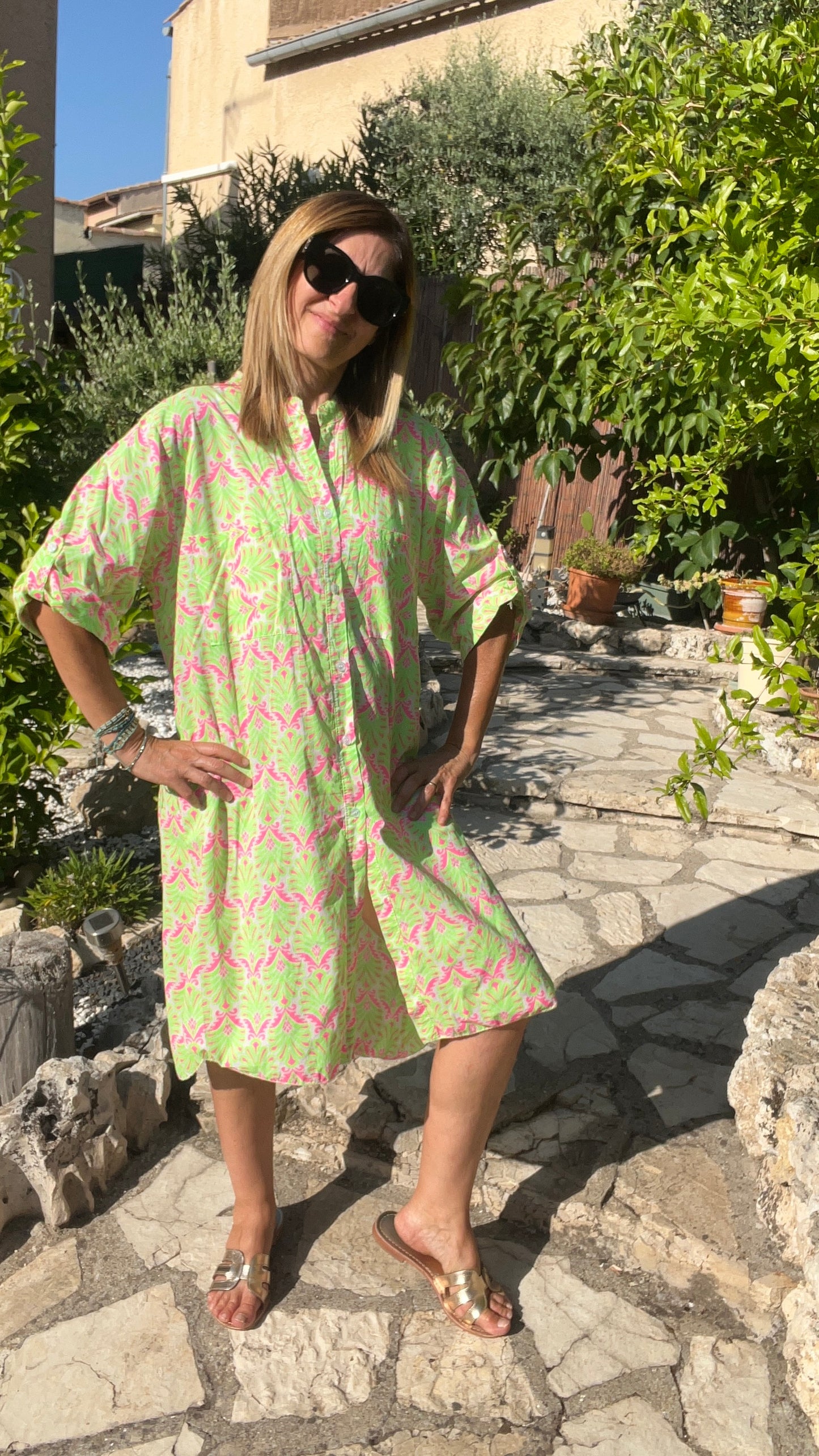 ROBE CHEMISE BLANC/VERT FLUO/ROSE FLUO "ECLAT TROPICAL"