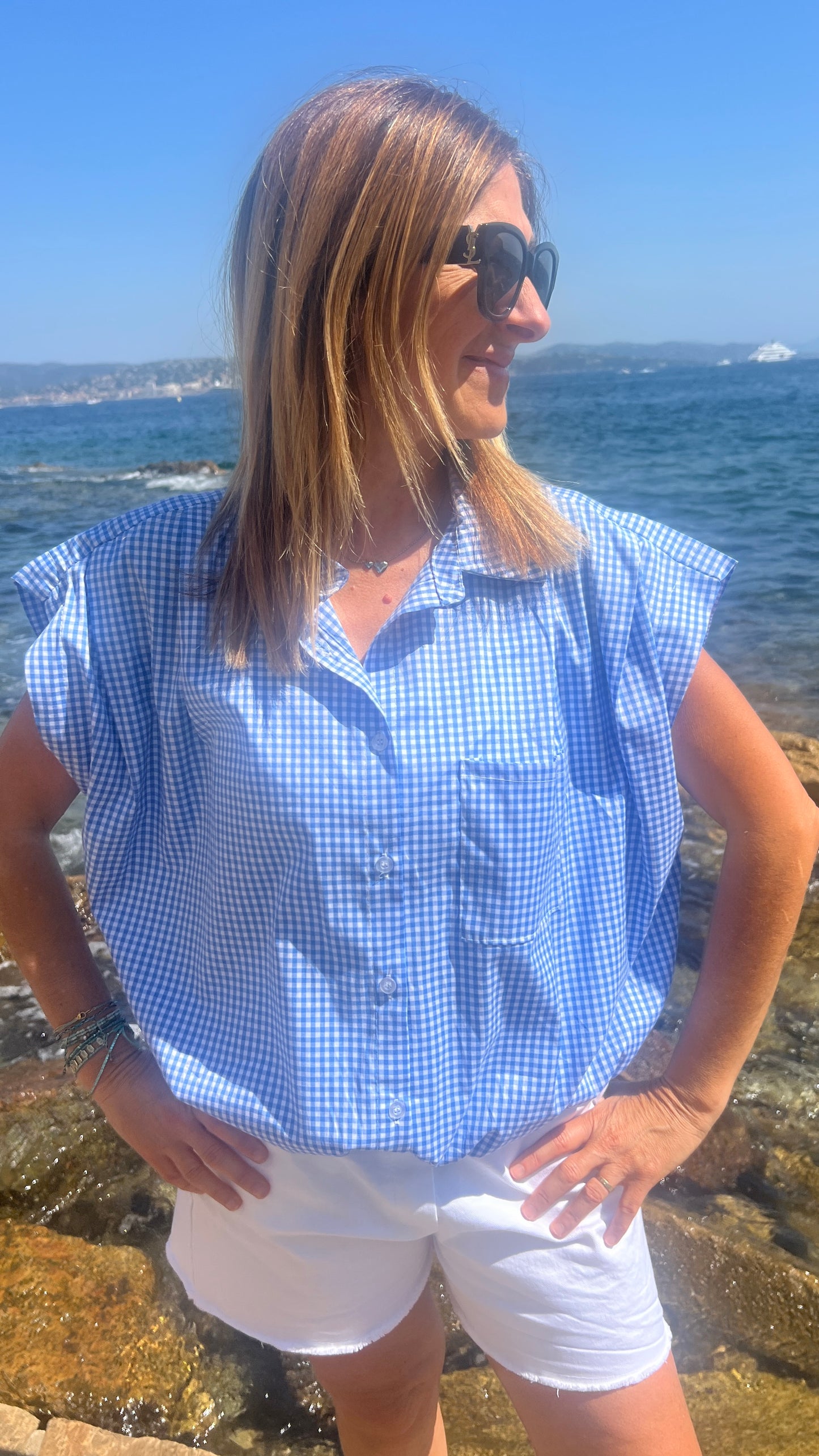 CHEMISIER SANS MANCHES VICHY BLEU/BLANC