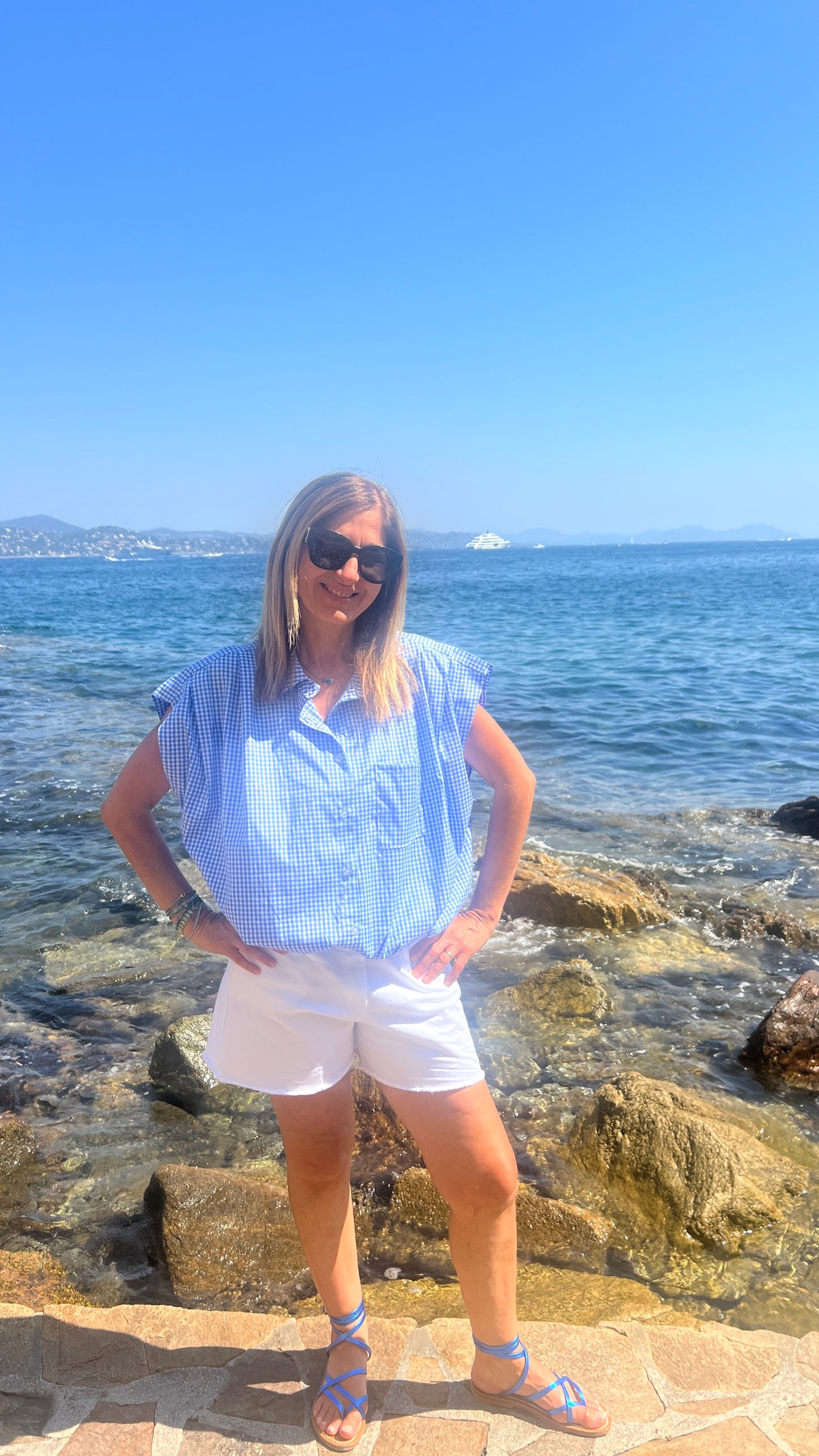 CHEMISIER SANS MANCHES VICHY BLEU/BLANC