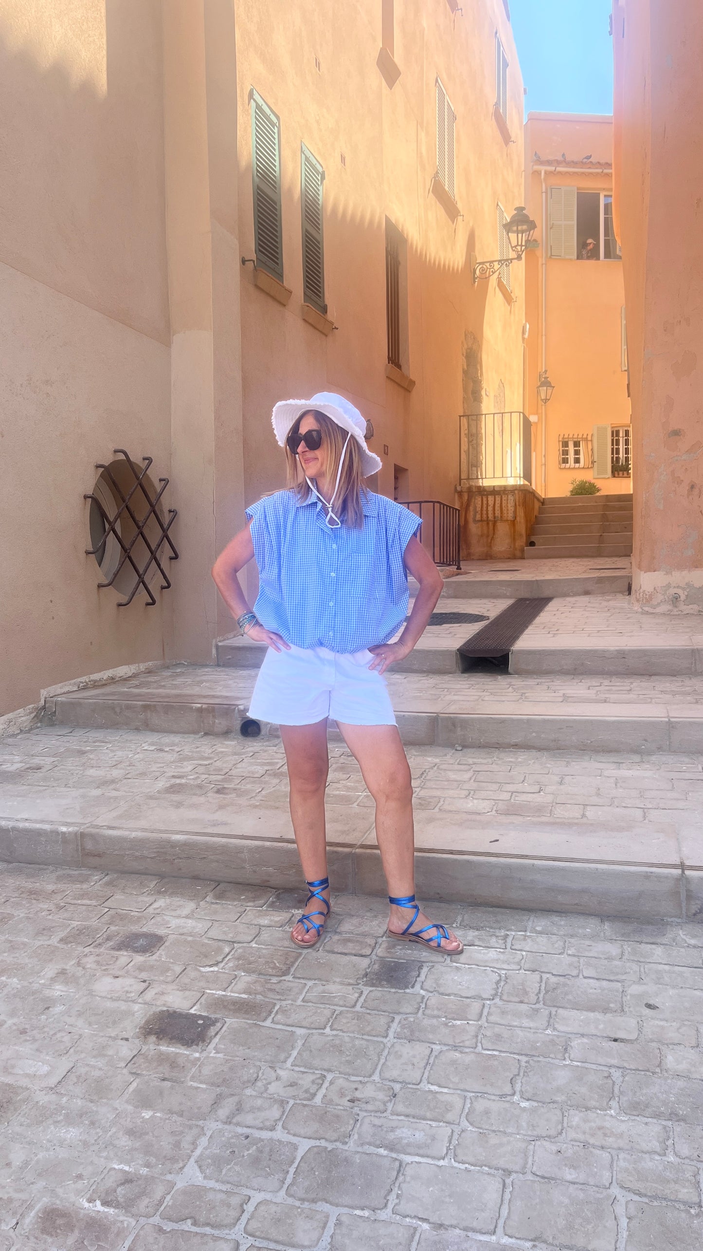 CHEMISIER SANS MANCHES VICHY BLEU/BLANC