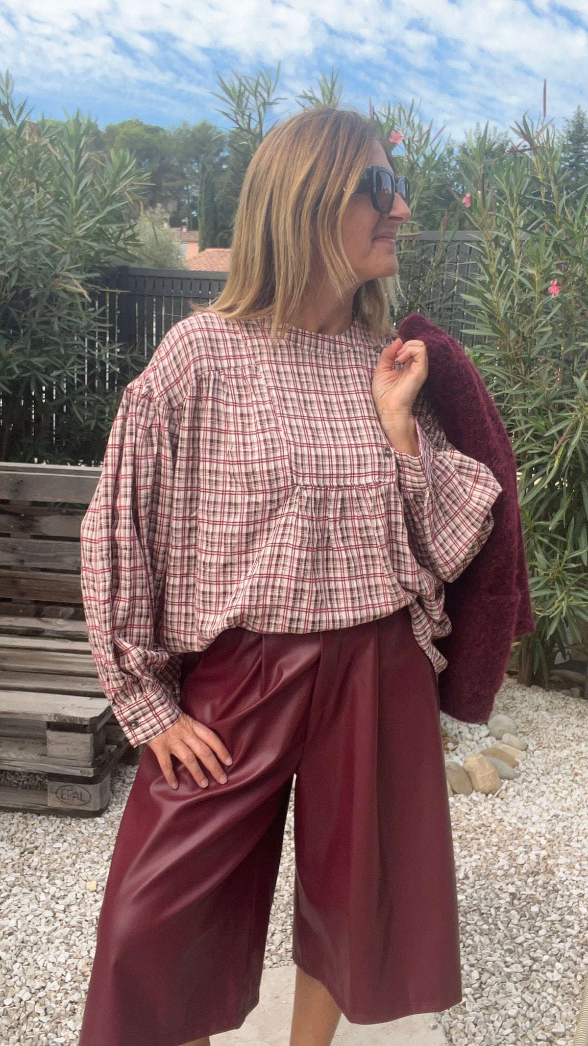 CHEMISIER A CARREAUX BORDEAUX/BEIGE "GIOYA"