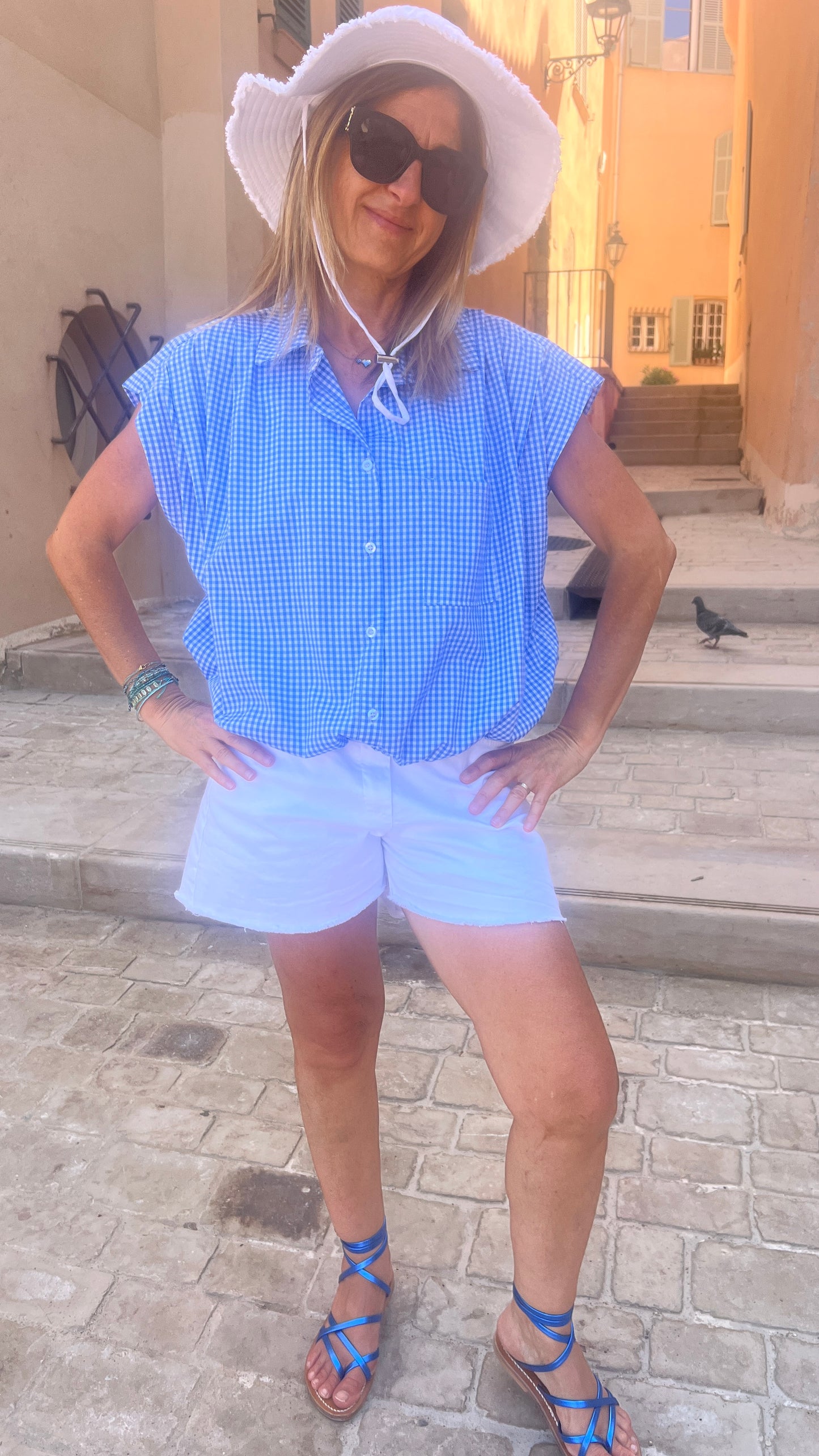 CHEMISIER SANS MANCHES VICHY BLEU/BLANC