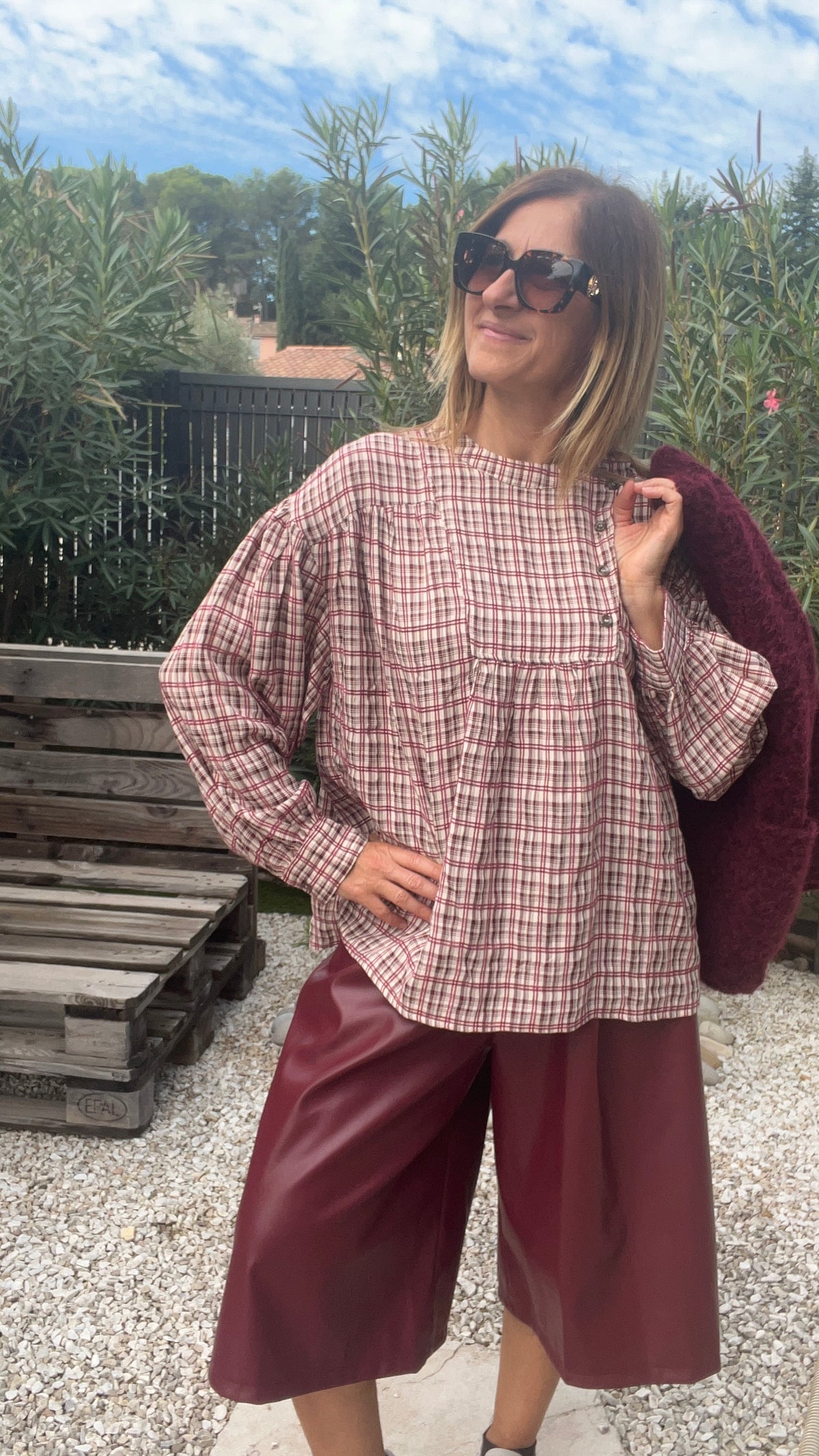 CHEMISIER A CARREAUX BORDEAUX/BEIGE "GIOYA"