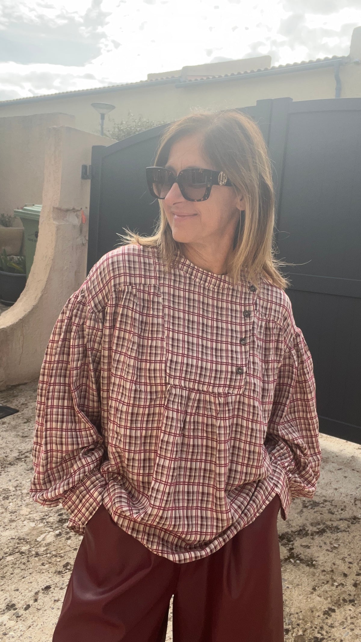 CHEMISIER A CARREAUX BORDEAUX/BEIGE "GIOYA"