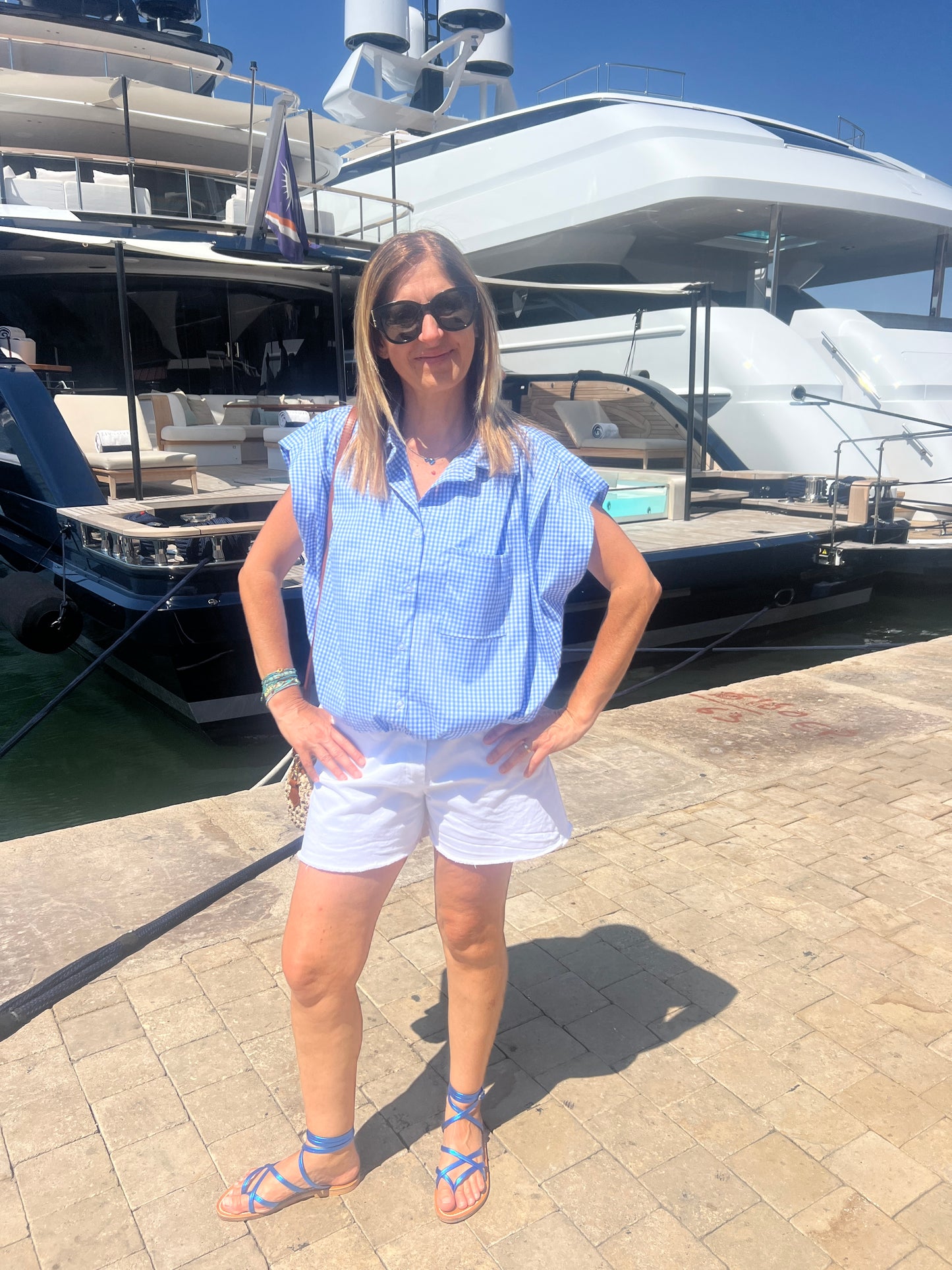 CHEMISIER SANS MANCHES VICHY BLEU/BLANC