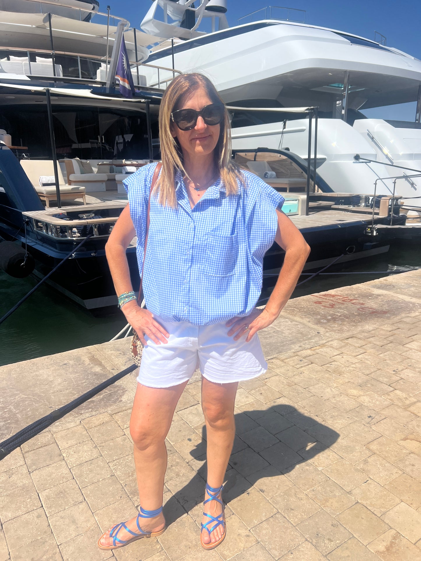 CHEMISIER SANS MANCHES VICHY BLEU/BLANC
