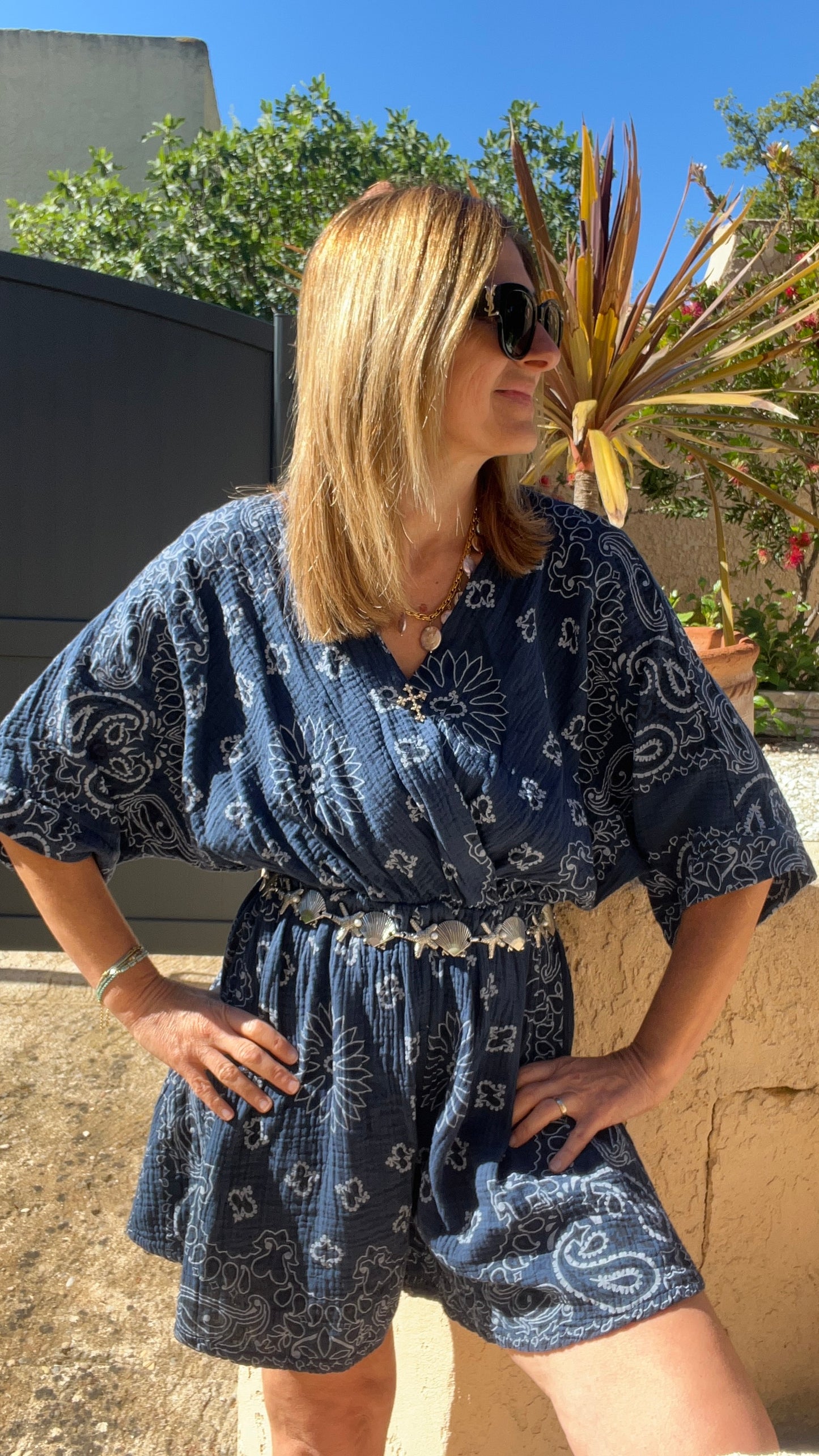COMBISHORT BLEU MARINE GAZE DE COTON BANDANA
