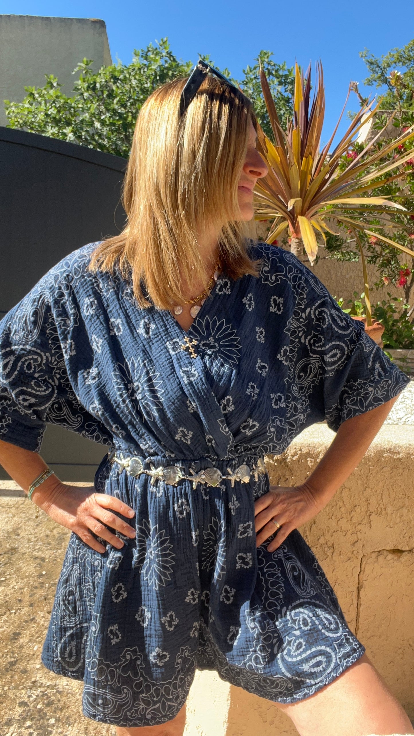 COMBISHORT BLEU MARINE GAZE DE COTON BANDANA