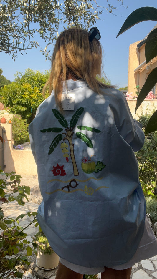 CHEMISIER BLEU MANCHES COURTES PALMIER