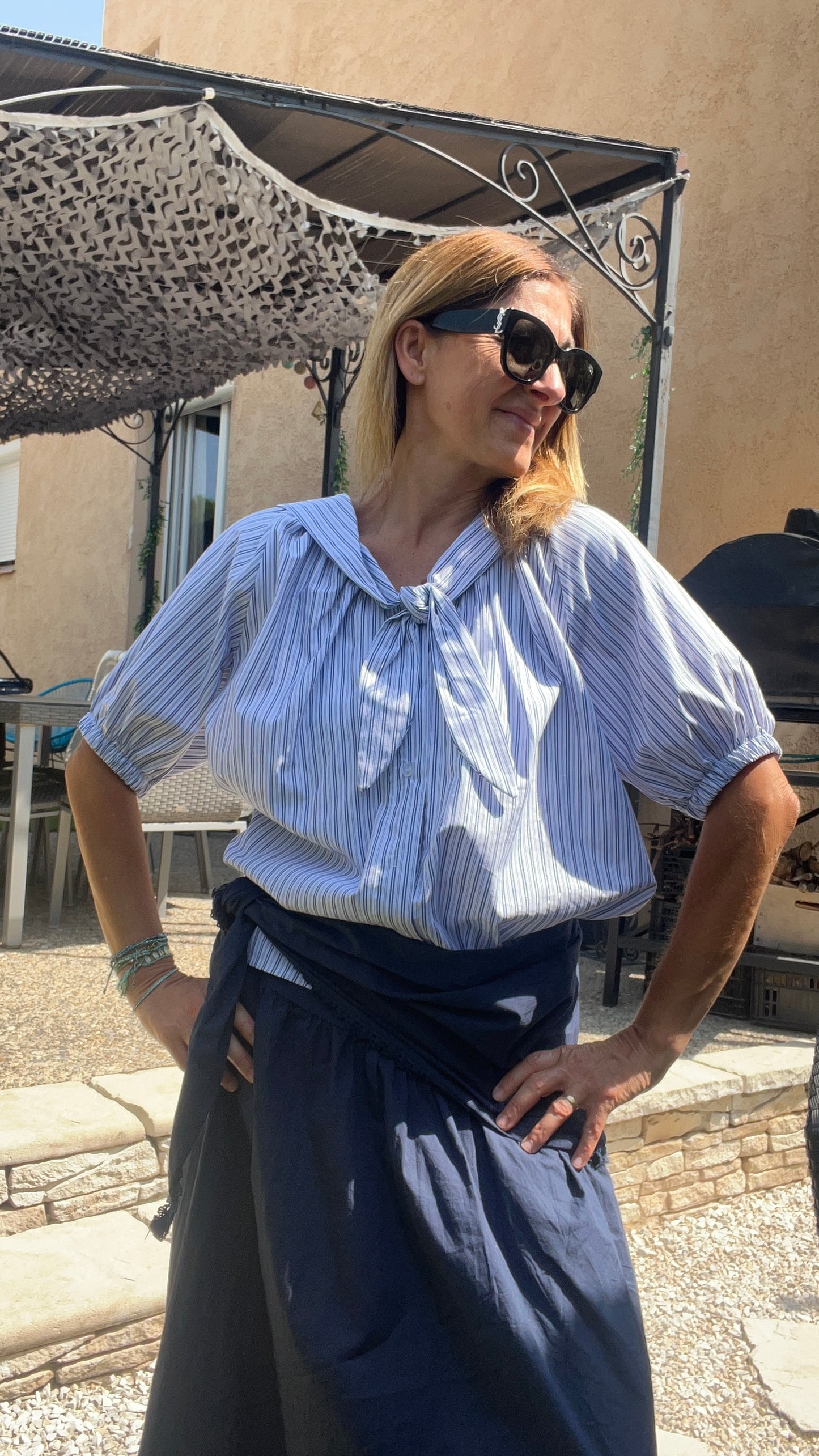 CHEMISIER PETITES RAYURES BLEUE/BLANC COL MARIN