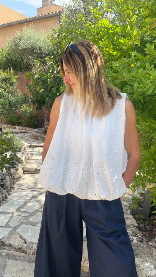 CHEMISIER BLANC BRODERIE ANGLAISE SANS MANCHES  DOS NU