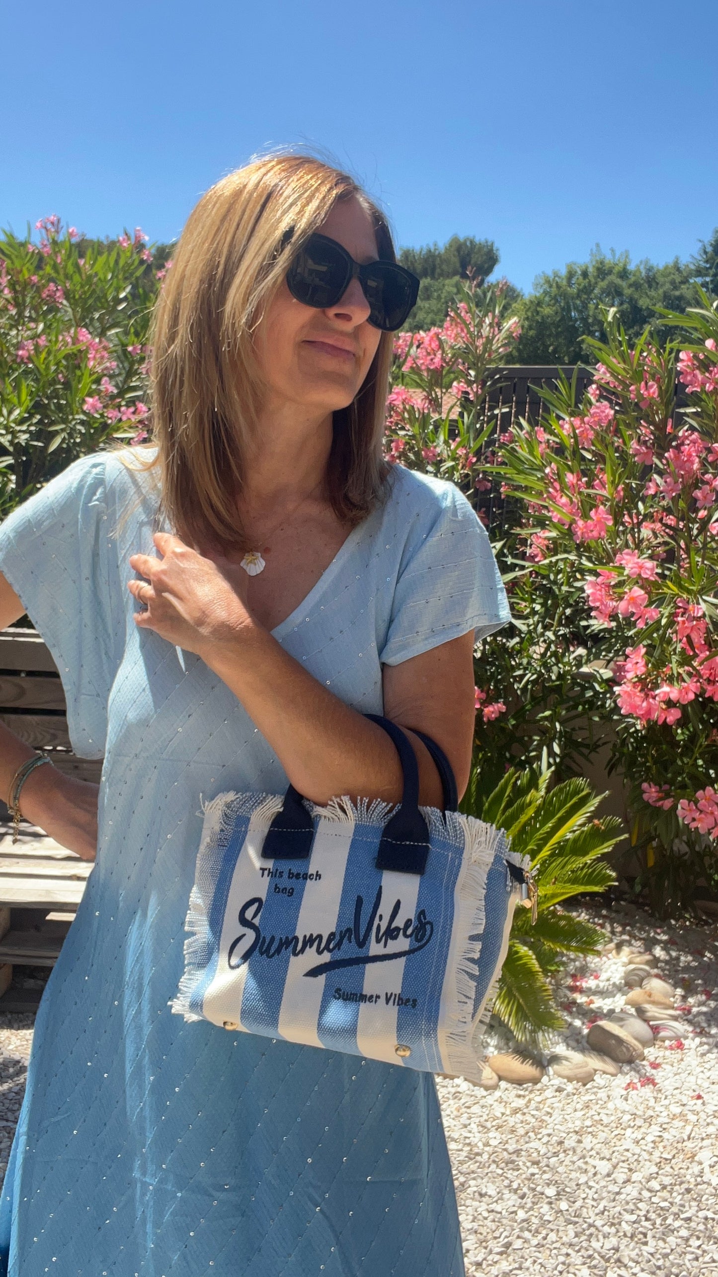 MINI SAC RAYE EN TOILE BLEU/BLANC "SUMMER VIBES"