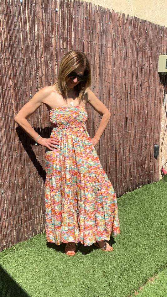 ROBE 2EN1 BUSTIER ORANGE/TURQUOISE/BEIGE