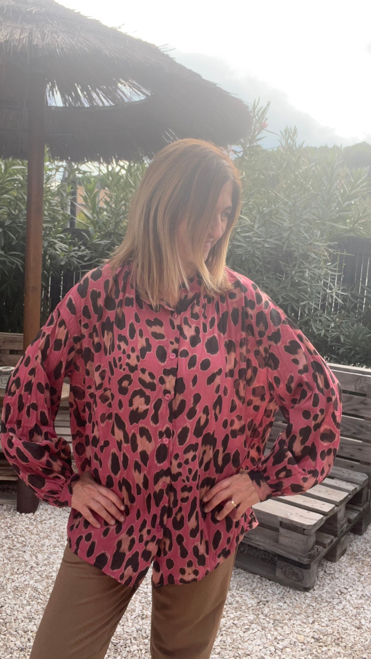 CHEMISIER LEOPARD ROSE/NOIR/BEIGE COLORE