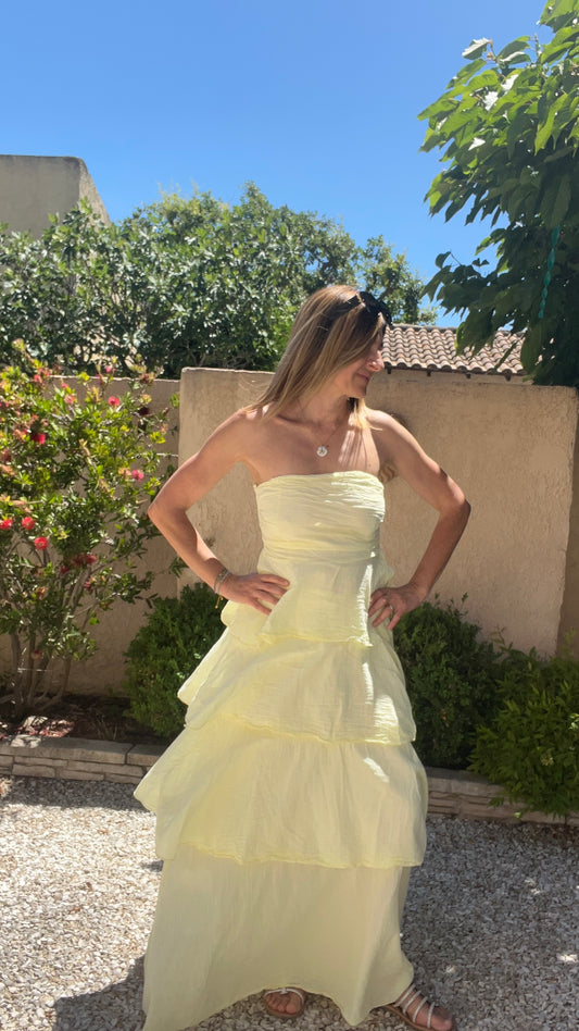 ROBE BUSTIER JAUNE LONGUE A VOLANT
