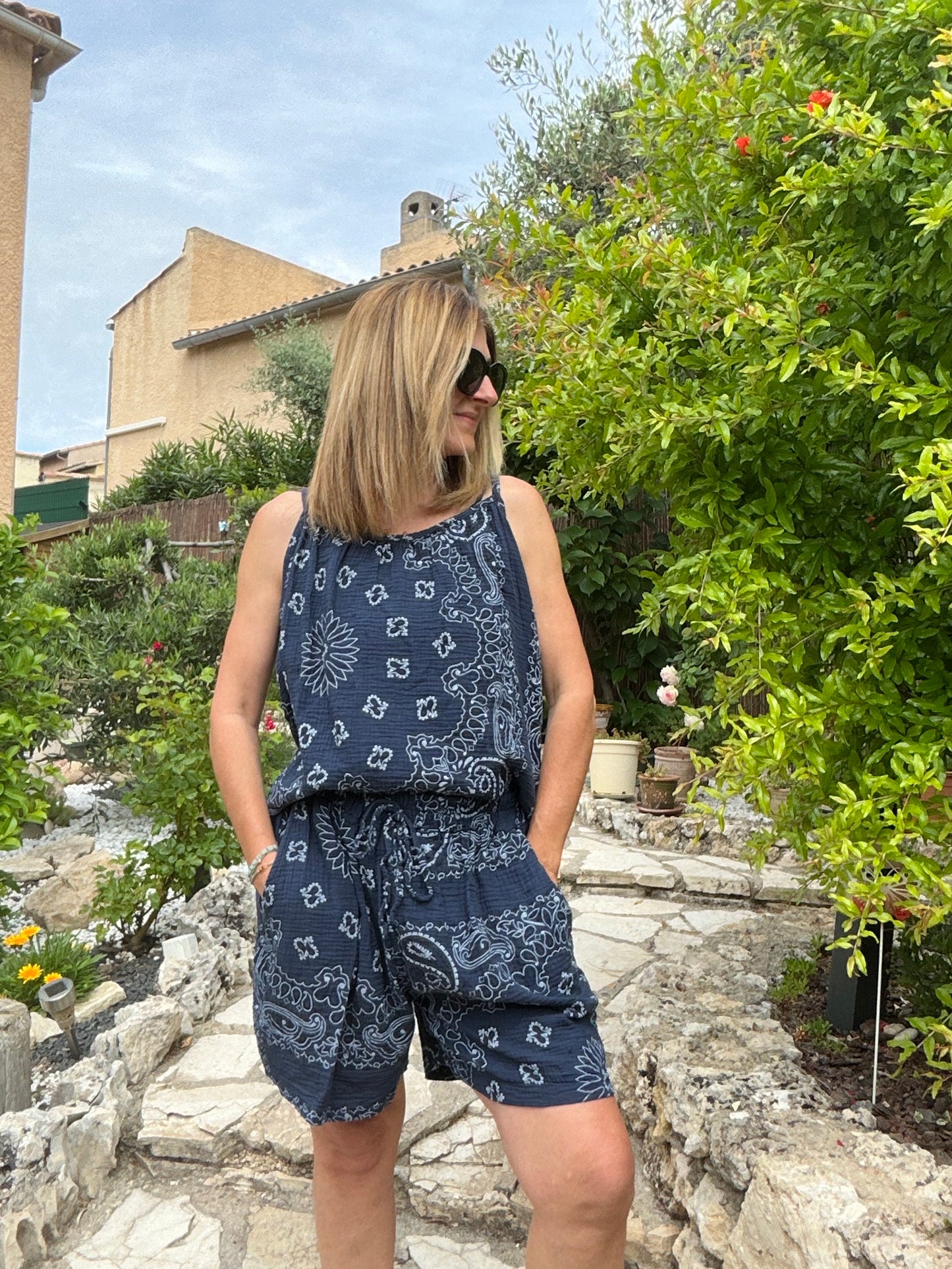 TOP BLEU MARINE BANDANA GAZE DE COTON