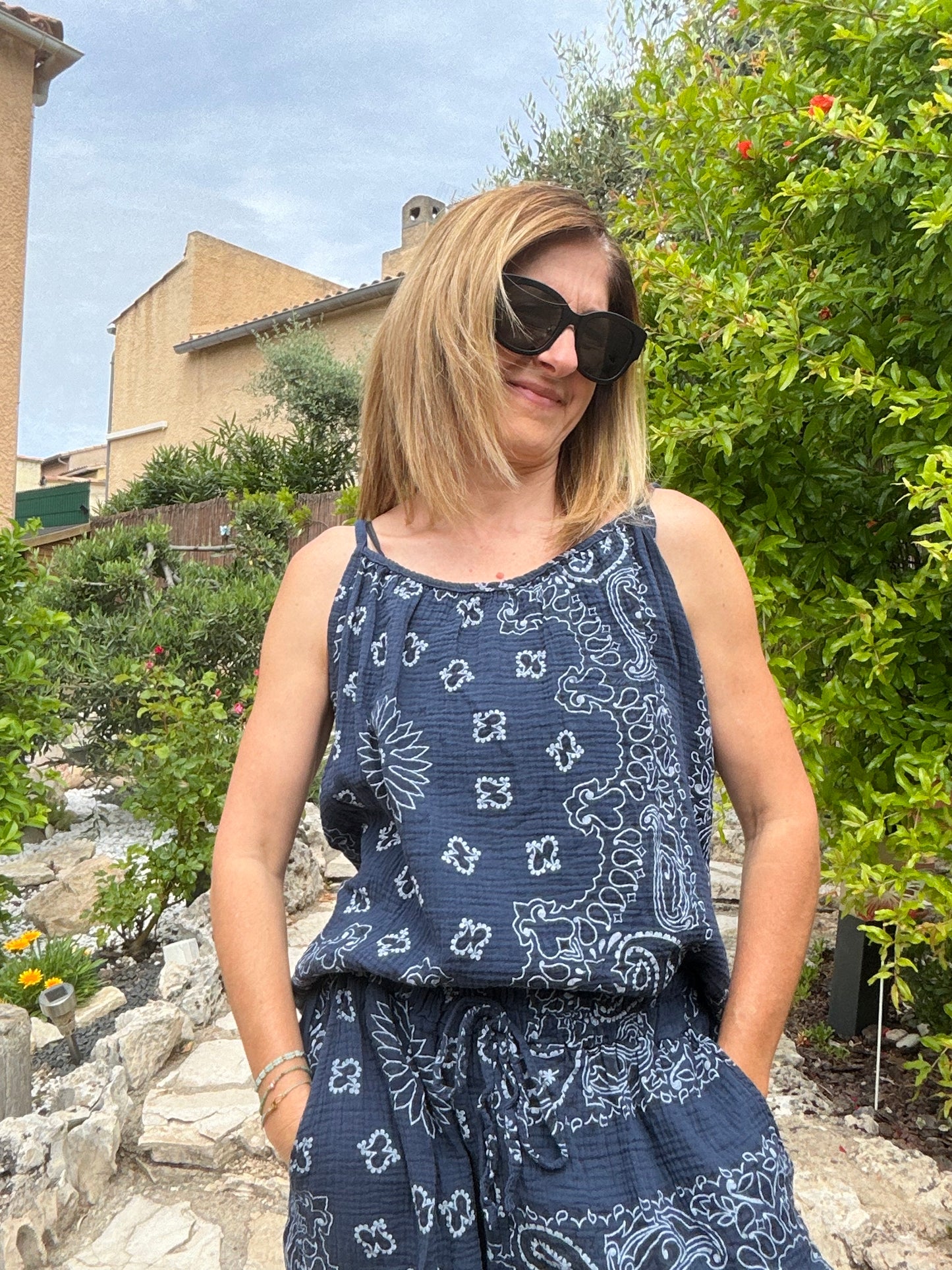 TOP BLEU MARINE BANDANA GAZE DE COTON