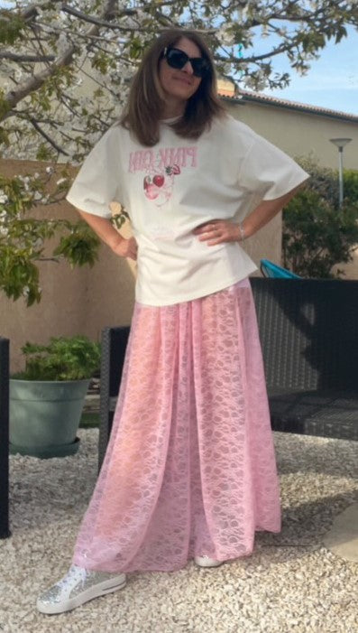 Jupe longue en dentelle rose "Paulina"