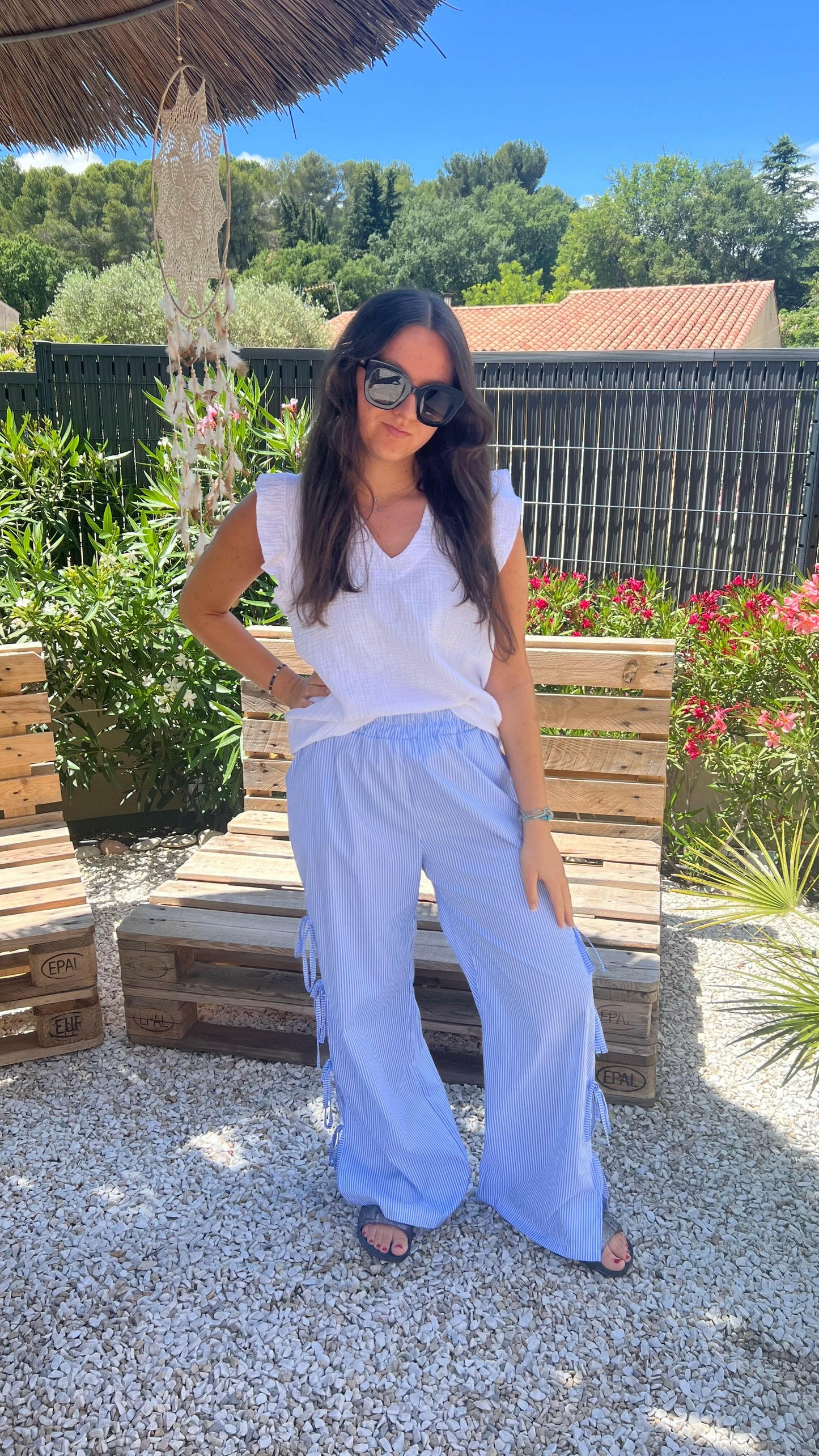 Pantalon Lisa large rayé bleu et blanc