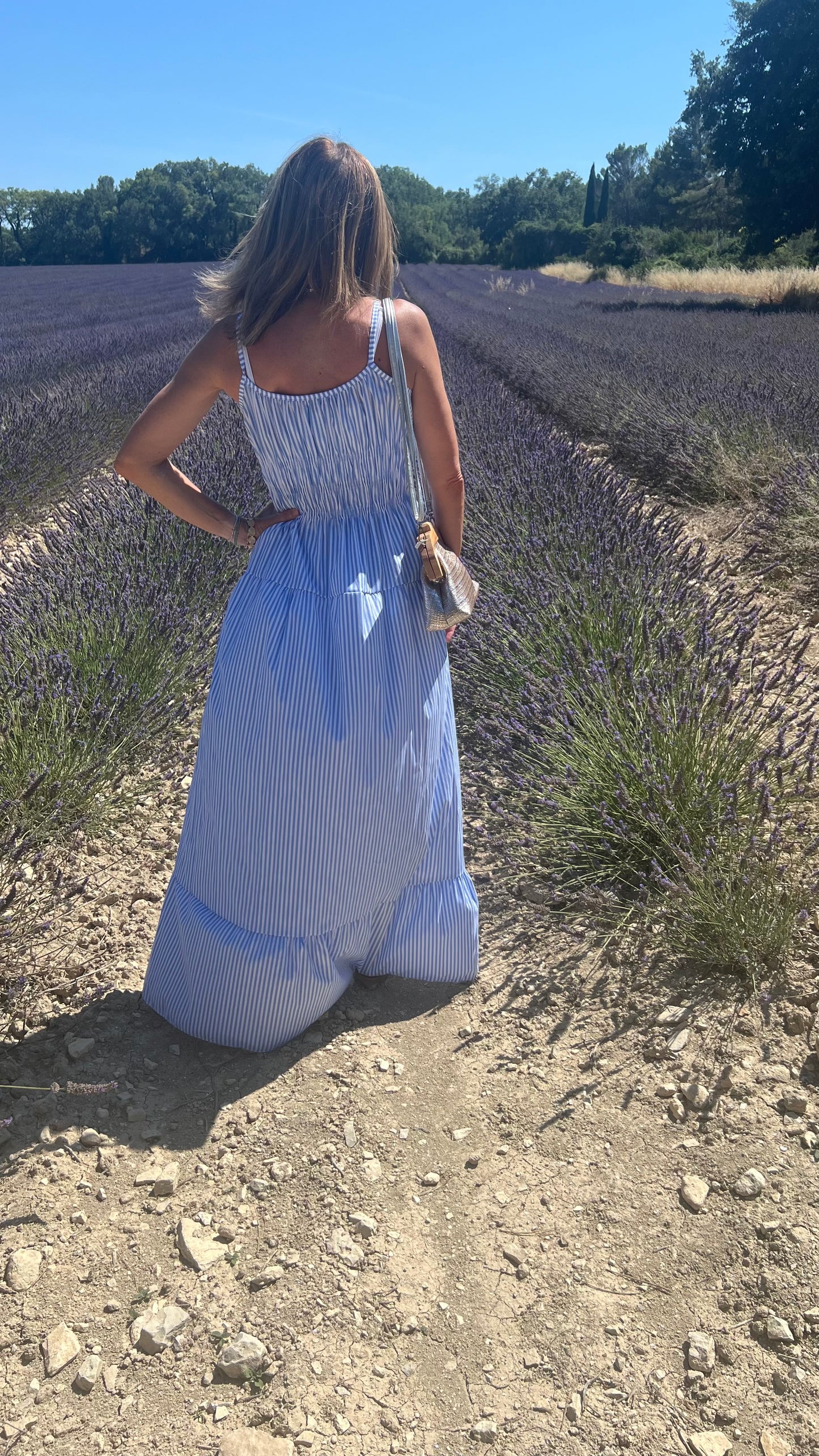 Robe Lydia à rayures bleues et blanches dos