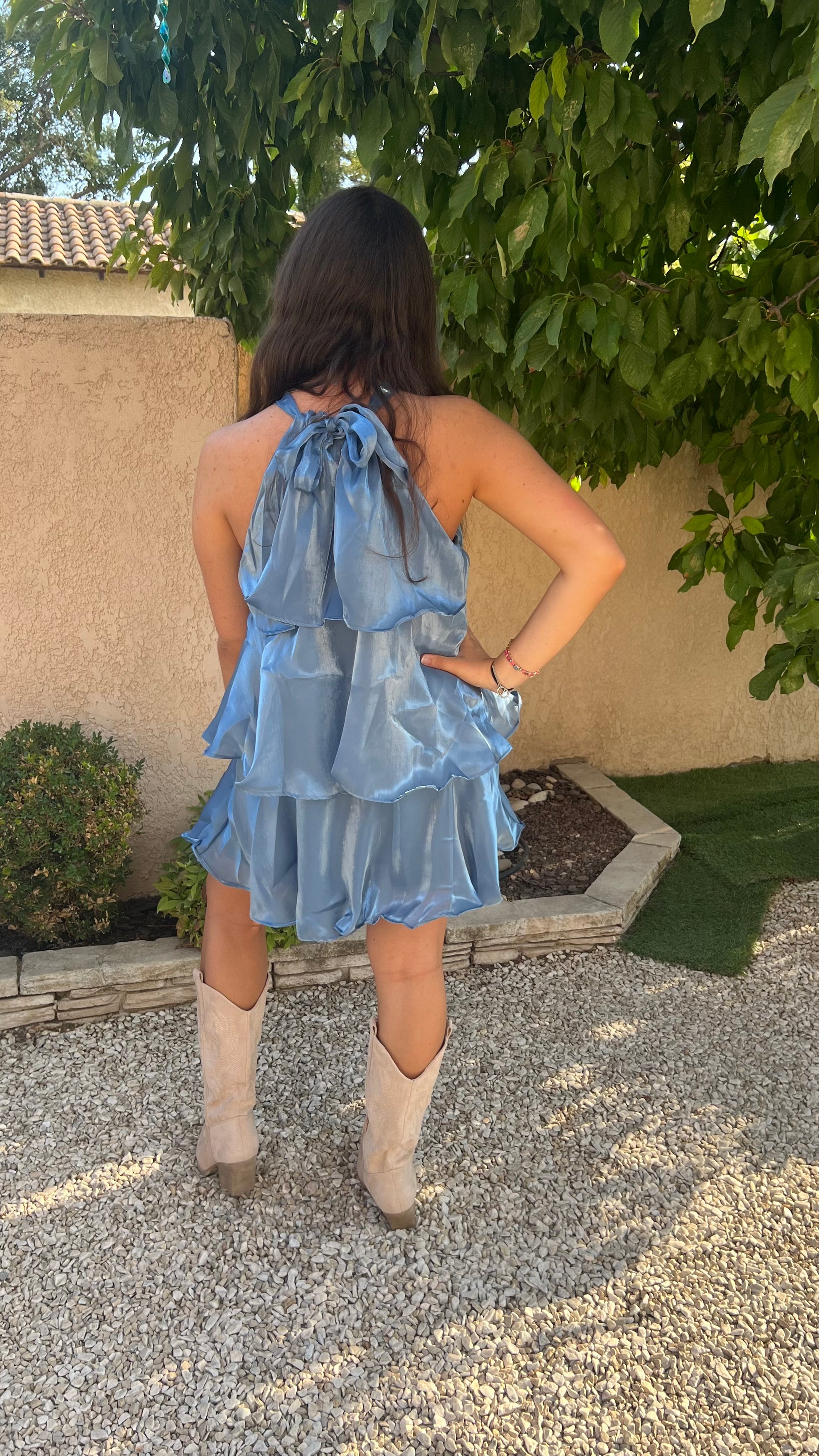 Robe à volant bleu jean Clémence dos sans cheveu